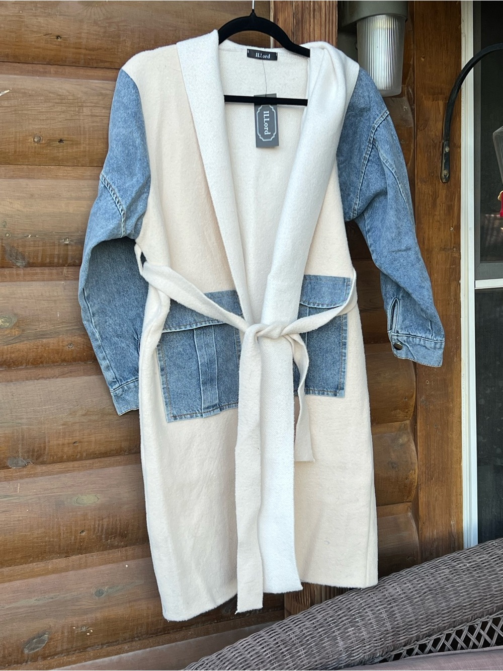 Cream and Denim Mixed-Media Belted Sweater Coat OSFM